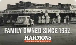 Harmons gift card printed with a vintage photo of the 1932 storefront and "Family Owned Since 1932"